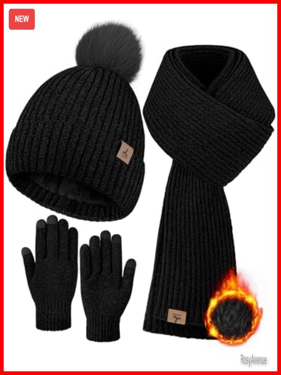 3-Piece Knit Pom Beanie Scarf Gloves Set Touchscreen Winter Hat Set main image 5